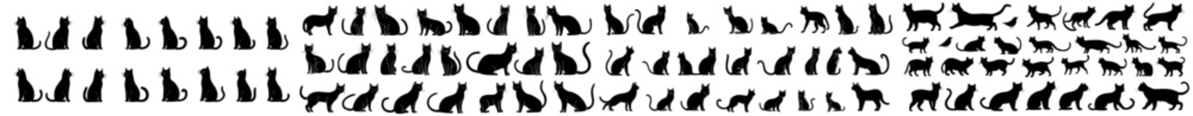 Black cat silhouettes in diverse poses, set against a white background