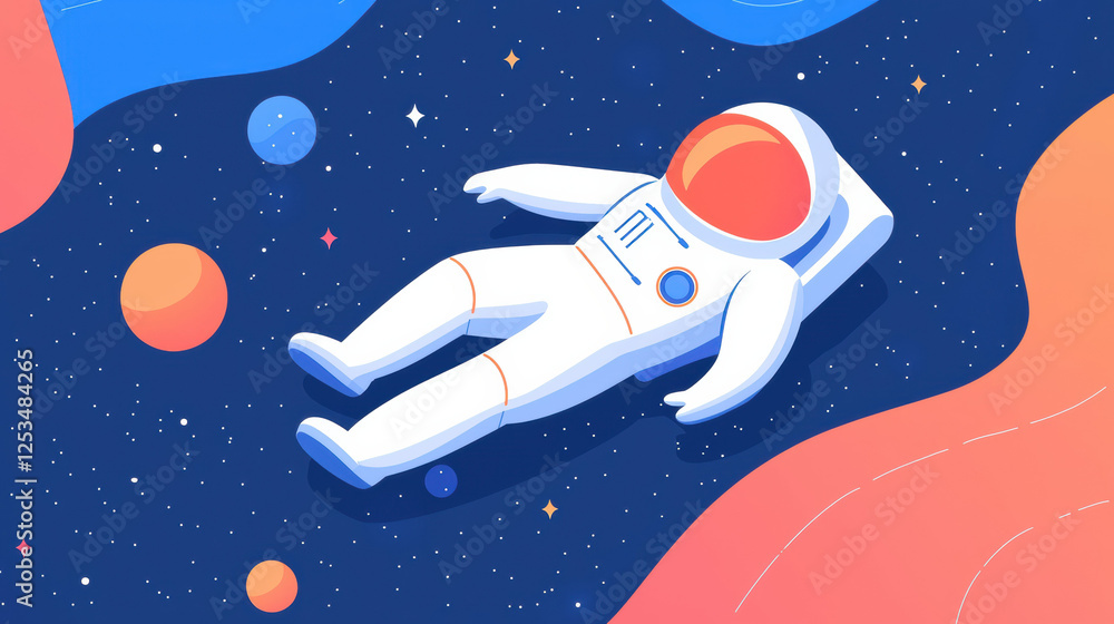 Poster Astronaut floating in space with colorful planets and stars in background, creating serene and adventurous atmosphere