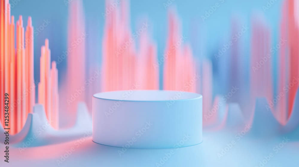 Poster minimalistic podium surrounded by colorful sound waves in futuristic setting, creating vibrant atmosphere for presentations or displays
