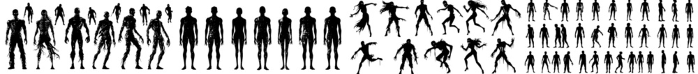 A collection of Halloween silhouette decorations featuring witches, vampires, and demons, along with spooky and creepy elements. Includes front-view silhouettes of a zombie man and woman in black,