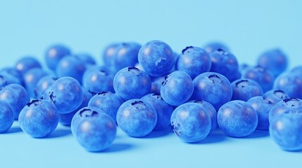 Fresh blueberries on a vibrant light blue surface. Close up view of many plump blueberries, brightly colored and detailed, displayed in a pile.