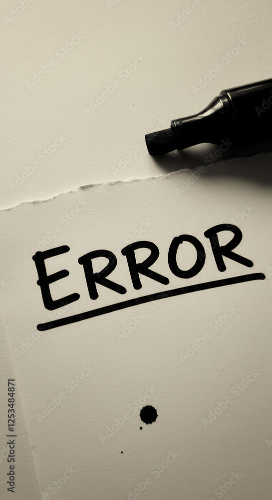 Poster error message: conceptual image of a mistake with marker, ink splatter, paper tear, warning sign, pr