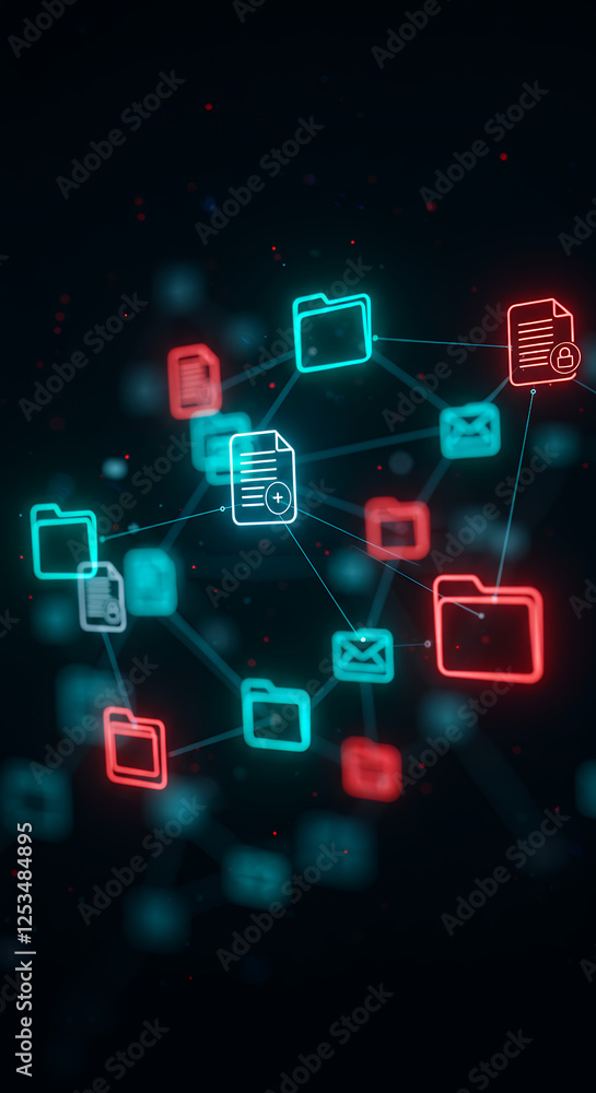 Poster secure data network: connected folders, files & mail, cyber security, cloud storage. data flowing, e