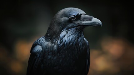 Fototapeta premium Black raven perched quietly in a forest setting during dusk capturing attention with its glossy feathers