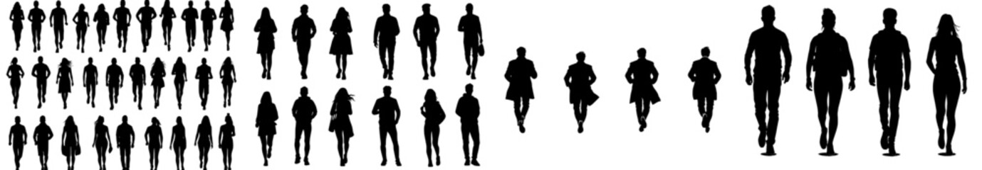 Black silhouettes of sport runners in side and front view. A man and a woman wearing different sport clothing running together. Outdoor park exercise utilizing an outdoor gym, focusing on health and