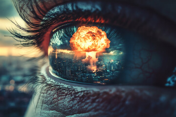 An atomic mushroom cloud reflected in an eye close-up