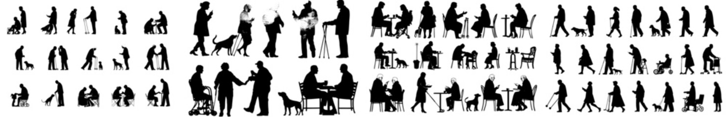 Elderly couples in modern silhouettes experiencing both good and bad times