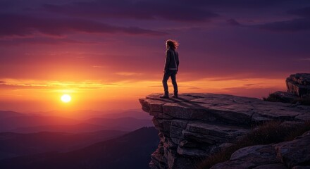 Obraz premium Person Standing on Cliff Edge Enjoying a Dramatic Mountain Sunset View