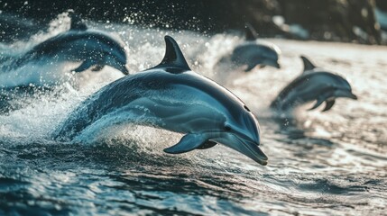 Fototapeta premium Striped Dolphins Leap and Play in Ocean Waves: A Stunning Wildlife Scene