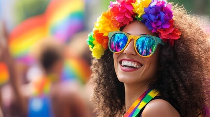 Obraz premium Joyful woman celebrating at a vibrant pride parade, surrounded by colorful decorations and people