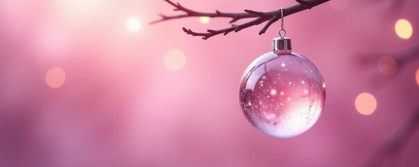 A frosted glass ball suspended from a branch against a soft pink background with subtle twinkling lights, delicate, ambiance, sparkling
