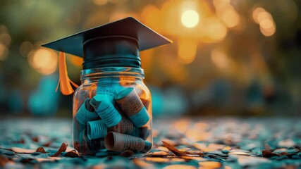 Educational savings jar with graduation cap, containing rolled diplomas symbolizing academic investment and financial planning for higher education goals