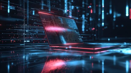 Glows around laptop with digital data flow and bokeh lights, symbolizing technology and digital transformation. Great for business, marketing, tech themes.