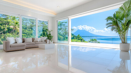 Modern villa living room, lake volcano view, relaxation