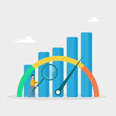 Analysis or comparison concept, character zooms in on benchmark graph. Metrics or measurements to measure success, evaluate results. Vector illustration.	