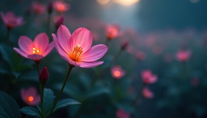 Fototapeta premium Bioluminescent flowers glowing through the misty veil of dawn, bioluminesence, delicate petals, soft focus