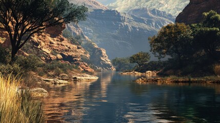 Serene Mountain Lake Landscape: A Digital Painting of Tranquil Nature
