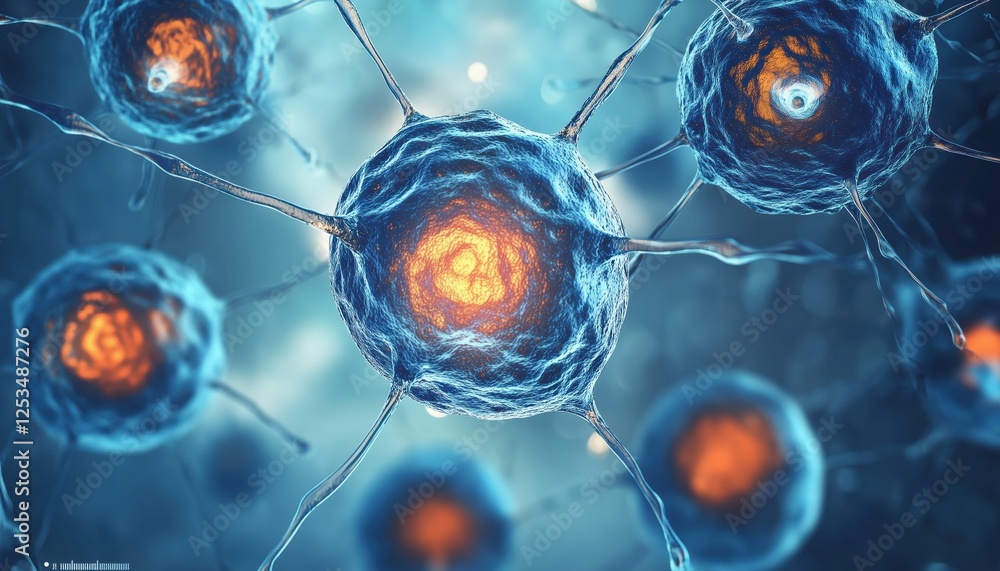 Aufkleber the process of biological cellular chains, abstract ion molecules, and digital rendering in computer