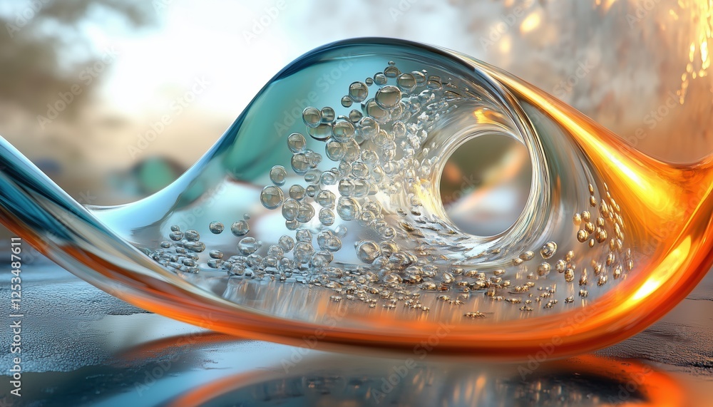 Poster curve glass with dispersion highlighted in ful. the rendering is done digitally to create a visually