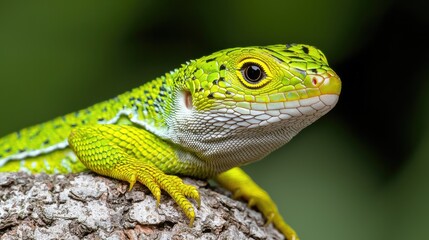 Fototapeta premium Vibrant green lizard perched on a textured tree branch in a lush forest during daytime.