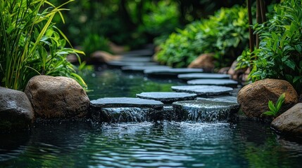 Tranquil garden path, stepping stones, water feature, lush greenery, peaceful scene, spa, relaxation