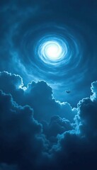 Dark stormy clouds with swirling vortex above, electric blue, dark skies, thunderstorm heavens