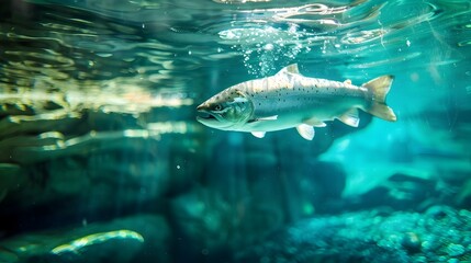 Naklejka premium Graceful Salmon Dive Majestic Performance in a Crystal Clear Water Tank