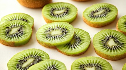 Fototapeta premium Freshly cut kiwi slices arranged neatly on a countertop ready for a healthy snack or dessert preparation