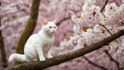 Fototapeta premium A captivating close-up shot of a white cat perched on a branch, surrounded by delicate pink blossoms