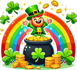 Cartoon illustration of a cheerful leprechaun with a pot of gold, rainbow, coins and shamrocks isolated on transparent background. Colorful trendy festive vector illustration for St. Patrick's Day 