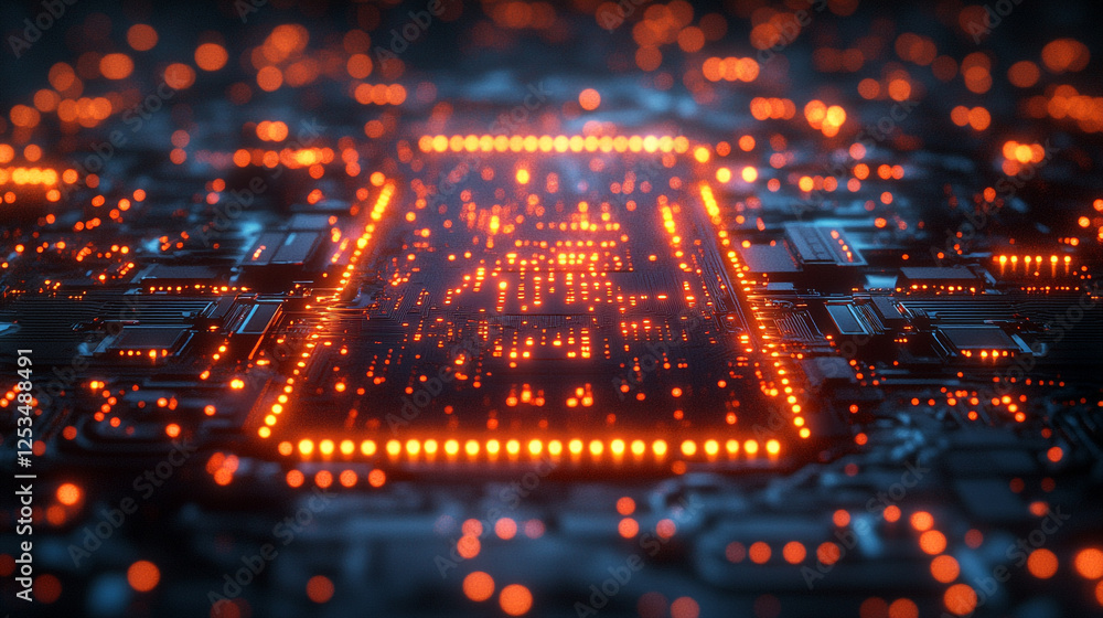 Poster glowing circuitry featuring intricate design in a high-tech environment at night