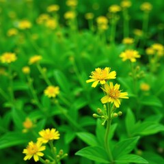 Delicate yellow flowers on slender stems amidst lush green foliage, yellow flowers, greenery, botanical