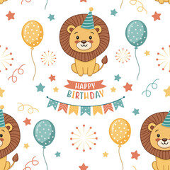 Birthday party. Holiday seamless pattern with cute lion, balloons and stars. The children's birthday card for little kid.