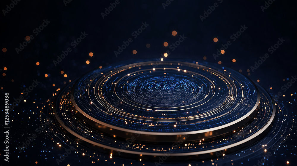 Poster celestial platform: an abstract, otherworldly platform with concentric rings glows with a mystical e