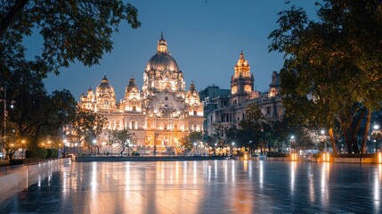 Fototapeta premium Illuminated City Hall at Night, Park Reflection