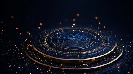 Fototapeta premium Celestial Platform: An abstract, otherworldly platform with concentric rings glows with a mystical energy, surrounded by sparkling particles against a deep blue backdrop.