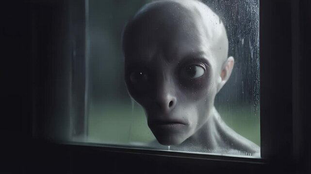 Grey extraterrestrial figure gazing through rain streaked glass, observing with cautious, inquisitive demeanor amid shadowy surroundings