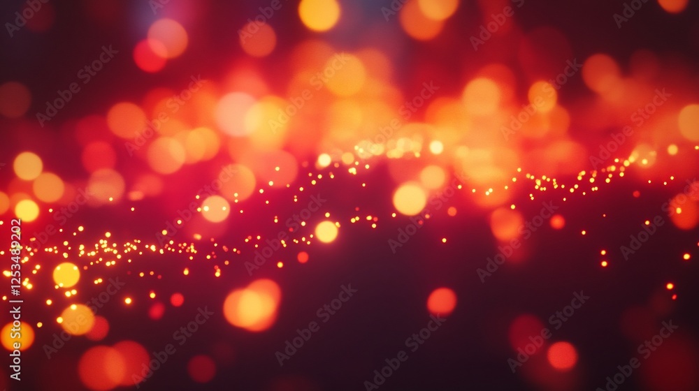 Poster abstract defocused bokeh lights in warm tones with a horizontal flow of small bright points