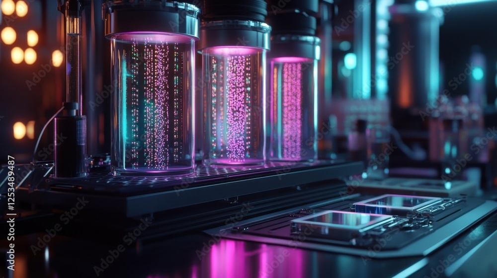 Poster advanced laboratory scene featuring glowing data tubes with digital patterns, showcasing cutting edg