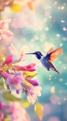 Hummingbird Feeding on Pink Flowers in a Mystical Garden Scene