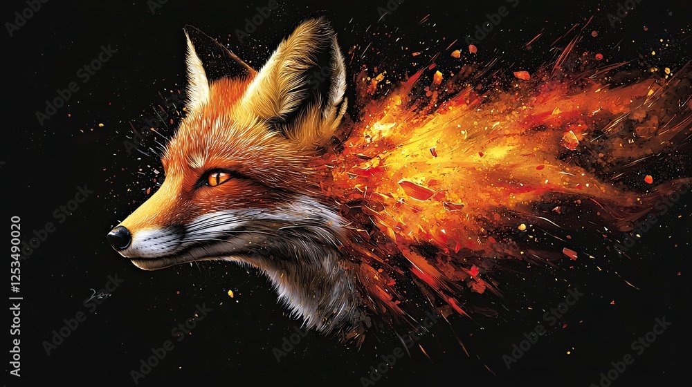 Poster vibrant representation of a fox with an explosion of colors creating a striking visual effect