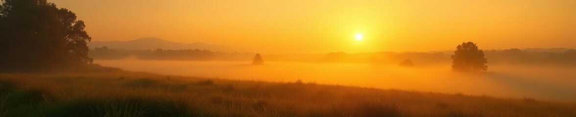 Golden hues of sunrise fade into misty landscape, dawn break, golden yellow, peaceful scene