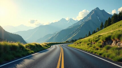 Naklejka premium Asphalt ribbon unwinding through a majestic mountain panorama, bathed in the golden light of a setting sun, a scenic drive promising breathtaking views and tranquil moments