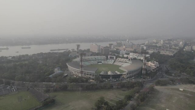 Kolkata Victoria Memorial Vidyasagar Setu Eden Garden Maidan 42 Biswa Bangla New Town Sector 5 Salt Lake view drone footage aerial view. Indian roads and landmarks of subcontinent empty roads.