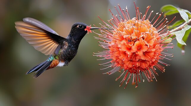 Hummingbird hovering near vibrant red flower in a lush garden during daytime