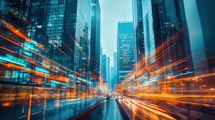 Blurred car light streaks between blue skyscrapers, reflecting modern urban dynamism. Ideal for illustrating technology, transportation, and finance themes.