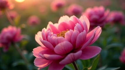 Romantic Blooming: Close-Up of Pink Peony Flowers in Soft Golden Hour Light