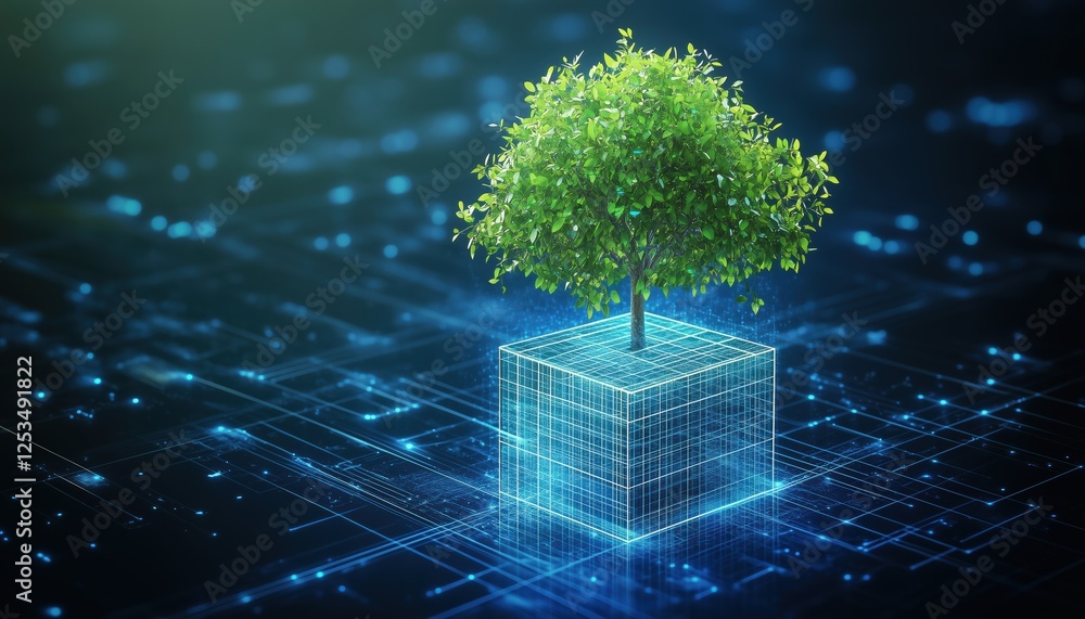 Poster growing tree on digital cube: convergence of digital technology with blue light and wireframe networ