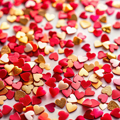 Tiny red, pink, and gold heart confetti scattered, symbolizing celebration, love, and joy with a festive, playful atmosphere.

