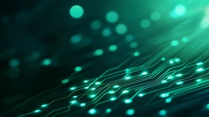 A vibrant digital backdrop featuring glowing teal circuits and bokeh lights, representing technology and innovation.